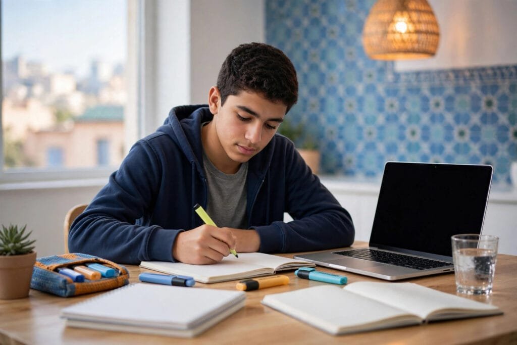 Élève marocain révisant ses cours pour préparer le Bac